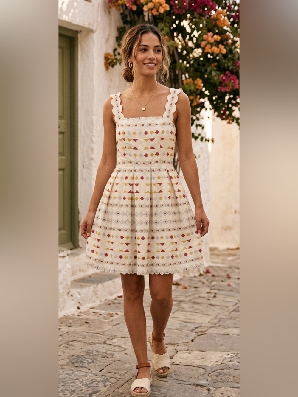 Just Me Cream Red Gold Lurex Embroidered Geometric Pleated Dress M